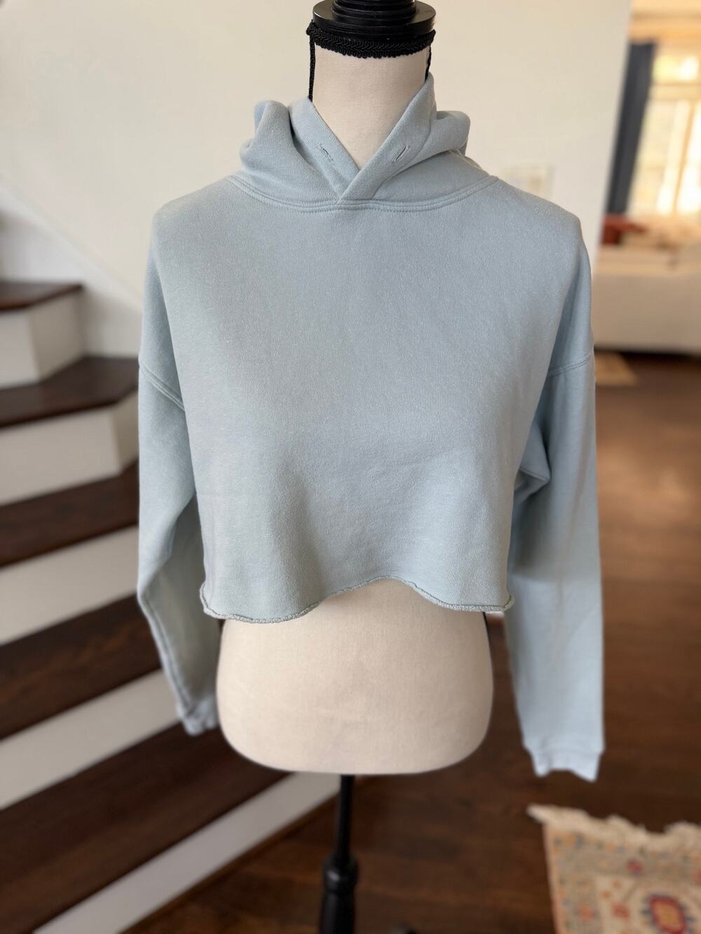 ALO Yoga Light Blue Cropped Raw Hem Long Sleeve Hoodie Work Out Gorpcore